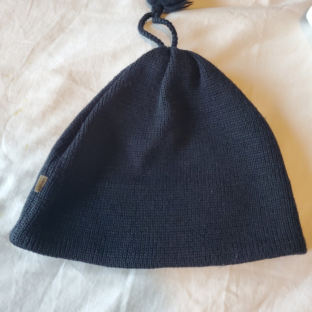 Smiley Vintage Black 100% Wool Knit Beanie Fleece Lined Pom Hat USA Made